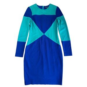 Cynthia Steffe Blue Green Colorblock Geometric Long Sleeve Sheath Dress Size 8